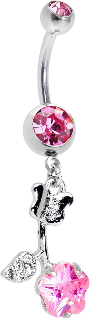 Body Candy Stainless Steel Double Pink Delicate Rose Dangle Belly Ring