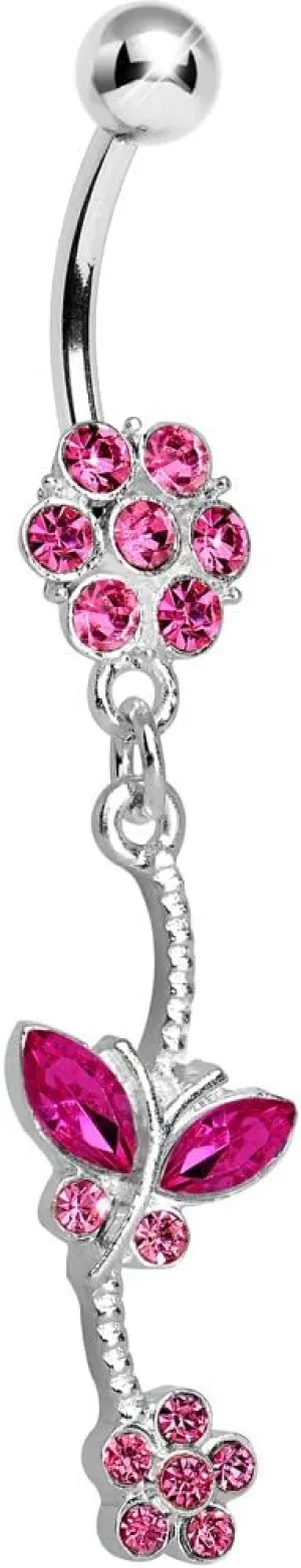 Body Candy Womens Pink Delicate Delight Butterfly Flower Dangle Belly Ring
