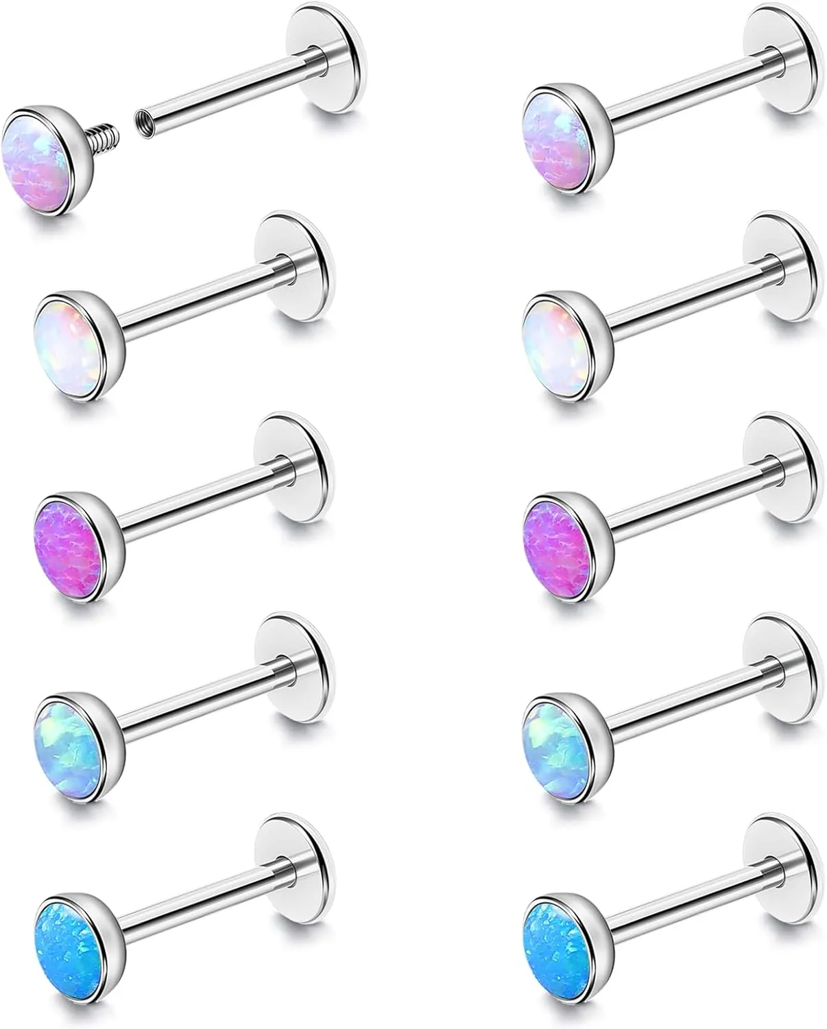 BodyAce 16G Flat Back Studs Cartilage Earrings, 316L Stainless Steel Lip Rings Barbell, 10pcs Labret Studs Opal Forward Helix Piercing Monroe Tragus Jewelry