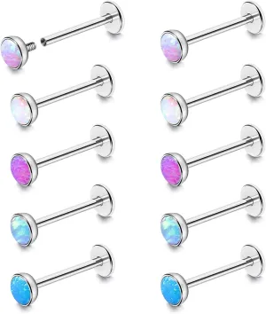 BodyAce 16G Flat Back Studs Cartilage Earrings, 316L Stainless Steel Lip Rings Barbell, 10pcs Labret Studs Opal Forward Helix Piercing Monroe Tragus Jewelry