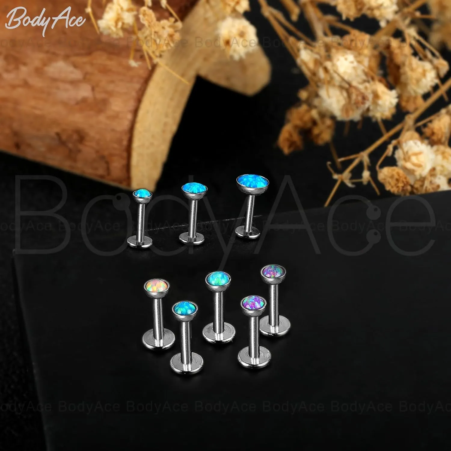 BodyAce 16G Flat Back Studs Cartilage Earrings, 316L Stainless Steel Lip Rings Barbell, 10pcs Labret Studs Opal Forward Helix Piercing Monroe Tragus Jewelry