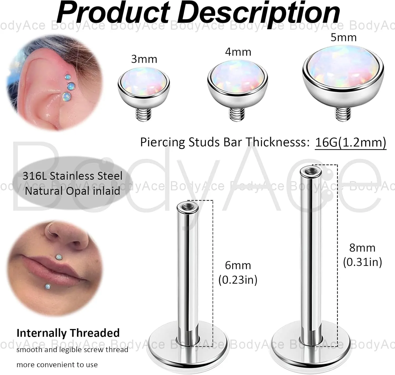 BodyAce 16G Flat Back Studs Cartilage Earrings, 316L Stainless Steel Lip Rings Barbell, 10pcs Labret Studs Opal Forward Helix Piercing Monroe Tragus Jewelry