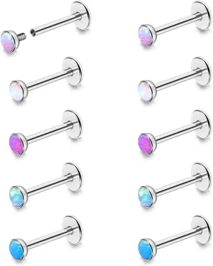 BodyAce 16G Flat Back Studs Cartilage Earrings, 316L Stainless Steel Lip Rings Barbell, 10pcs Labret Studs Opal Forward Helix Piercing Monroe Tragus Jewelry