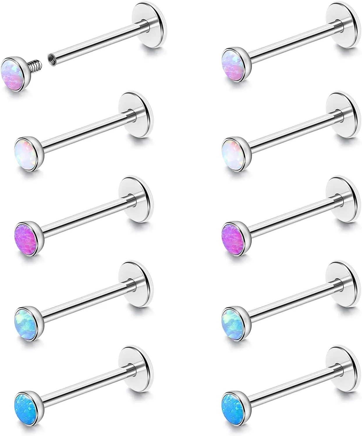 BodyAce 16G Flat Back Studs Cartilage Earrings, 316L Stainless Steel Lip Rings Barbell, 10pcs Labret Studs Opal Forward Helix Piercing Monroe Tragus Jewelry
