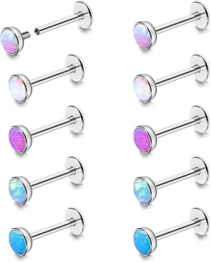 BodyAce 16G Flat Back Studs Cartilage Earrings, 316L Stainless Steel Lip Rings Barbell, 10pcs Labret Studs Opal Forward Helix Piercing Monroe Tragus Jewelry