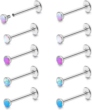 BodyAce 16G Flat Back Studs Cartilage Earrings, 316L Stainless Steel Lip Rings Barbell, 10pcs Labret Studs Opal Forward Helix Piercing Monroe Tragus Jewelry