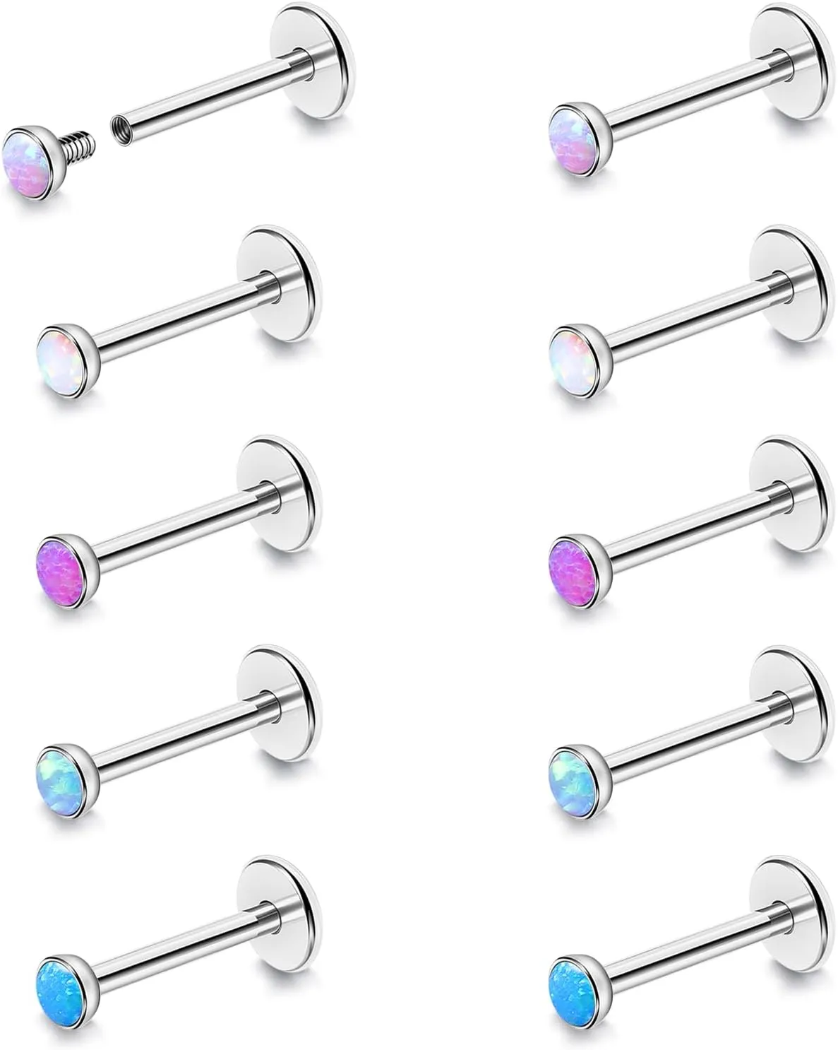 BodyAce 16G Flat Back Studs Cartilage Earrings, 316L Stainless Steel Lip Rings Barbell, 10pcs Labret Studs Opal Forward Helix Piercing Monroe Tragus Jewelry