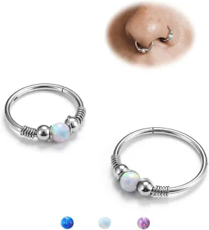 BodyBonita 2Pcs Silver Opal Nose Rings for Women - 316L Surgical Steel Nose Hoops Piercing 18G Septum Rings Jewelry Cartilage Conch Daith Helix Tragus Earrings 8mm 10mm Sytle2