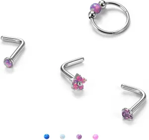 BodyBonita 4Pcs Silver Purple Opal Nose Rings for Women - 316L Surgical Steel Nose Hoops Piercing 18G Septum Rings L Shaped Nose Studs Jewelry Cartilage Conch Daith Helix Tragus Earrings 8 mm Style1