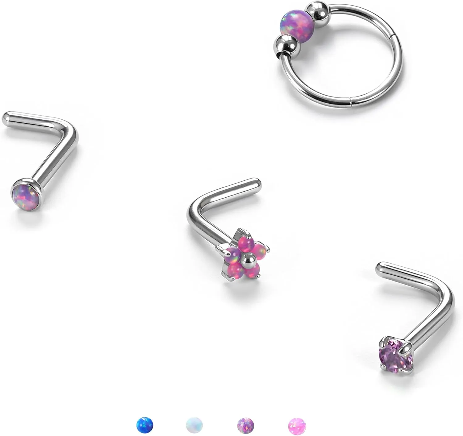 BodyBonita 4Pcs Silver Purple Opal Nose Rings for Women - 316L Surgical Steel Nose Hoops Piercing 18G Septum Rings L Shaped Nose Studs Jewelry Cartilage Conch Daith Helix Tragus Earrings 8 mm Style1