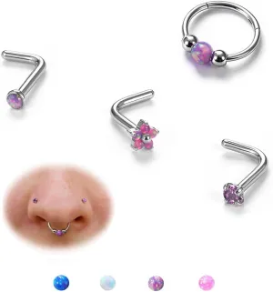 BodyBonita 4Pcs Silver Purple Opal Nose Rings for Women - 316L Surgical Steel Nose Hoops Piercing 18G Septum Rings L Shaped Nose Studs Jewelry Cartilage Conch Daith Helix Tragus Earrings 8 mm Style2