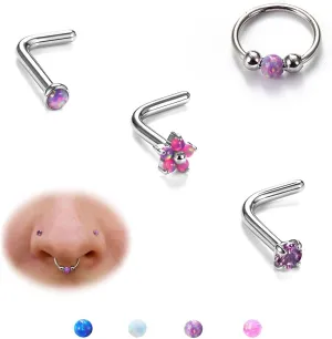 BodyBonita 4Pcs Silver Purple Opal Nose Rings for Women - 316L Surgical Steel Nose Hoops Piercing 18G Septum Rings L Shaped Nose Studs Jewelry Cartilage Conch Daith Helix Tragus Earrings 8 mm Style3