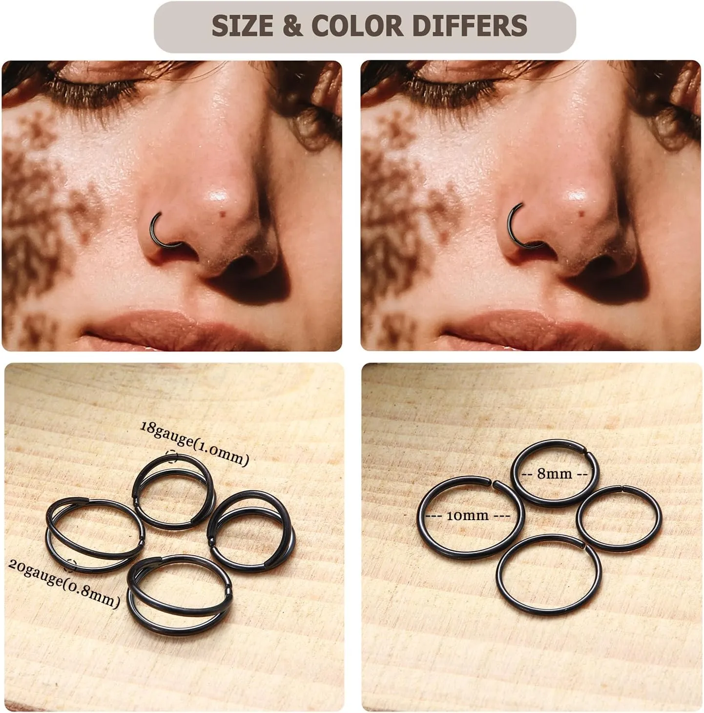 BodyBonita 9pcs 20G 316L Surgical Steel Nose Rings Hoops L Shape Nose Screw Studs 1.5mm/2mm /3mm Clear CZ Simple/Double Hoop Nose Ring Gold/Silver/Rose Gold/Black/Mix Daith 8mm/10mm Piercing Jewelry