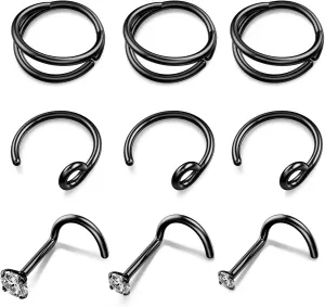 BodyBonita 9pcs 20G 316L Surgical Steel Nose Rings Hoops L Shape Nose Screw Studs 1.5mm/2mm /3mm Clear CZ Simple/Double Hoop Nose Ring Gold/Silver/Rose Gold/Black/Mix Daith 8mm/10mm Piercing Jewelry