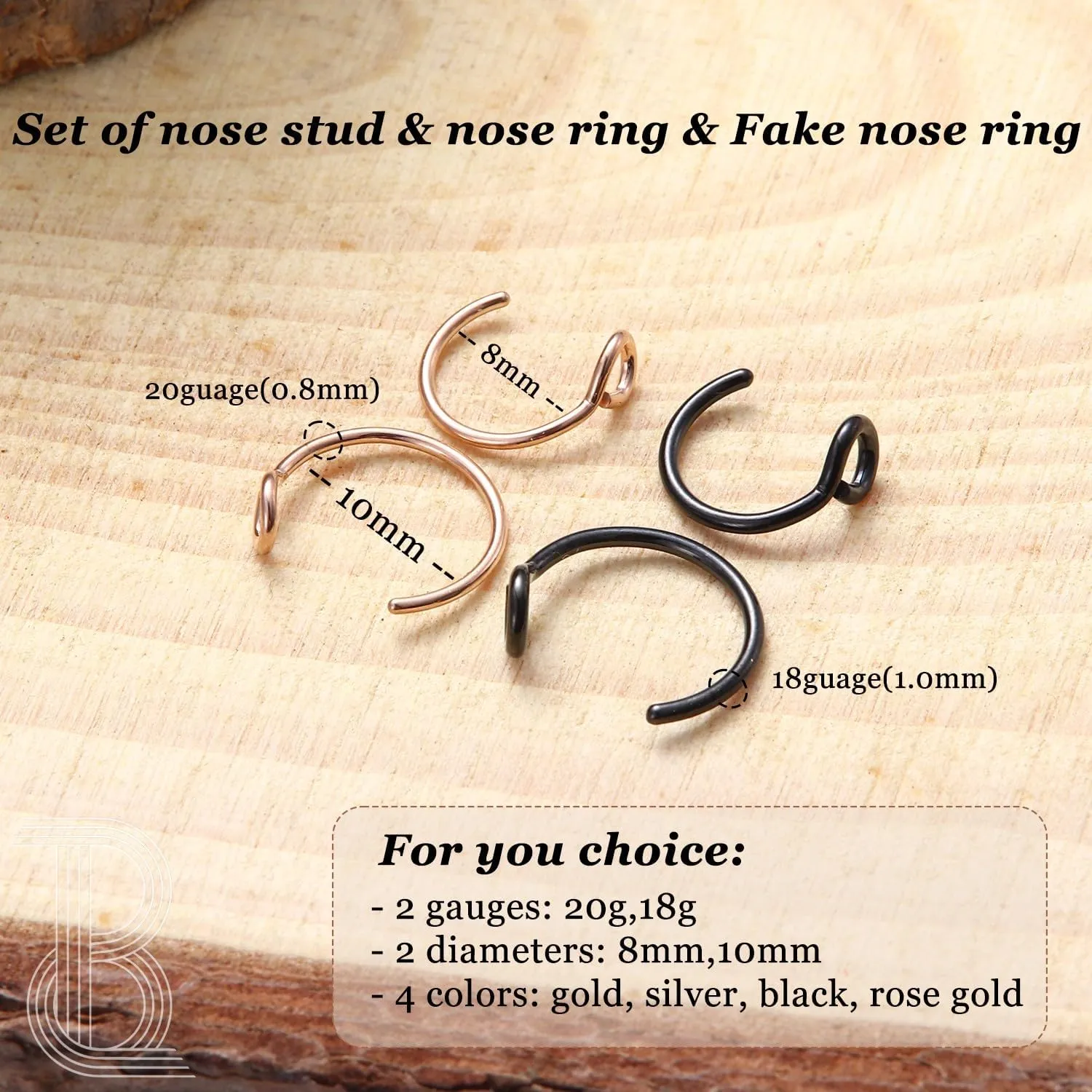 BodyBonita 9pcs 20G 316L Surgical Steel Nose Rings Hoops L Shape Nose Screw Studs 1.5mm/2mm /3mm Clear CZ Simple/Double Hoop Nose Ring Gold/Silver/Rose Gold/Black/Mix Daith 8mm/10mm Piercing Jewelry