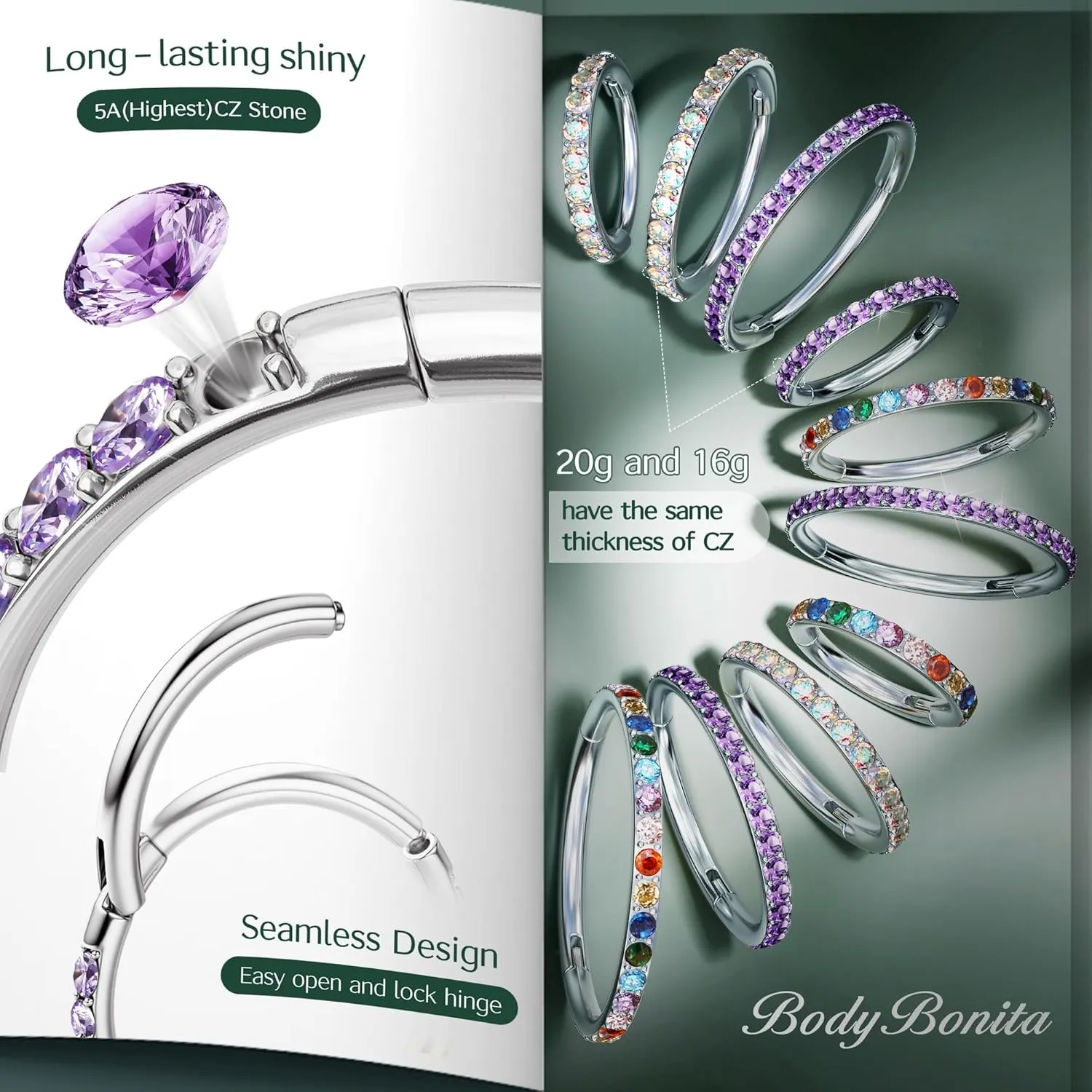 BodyBonita Clear CZ Nose Rings Hoop - 316L Surgical Steel Body Piercing Hoop Clicker 20G/18G/16G Earrings Jewelry Cartilage Helix Rook Tragus Conch Daith Ring 6/7/8/9/10/11/12mm - Gold/Silver/Black