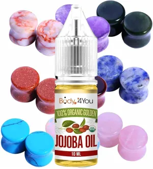 BodyJ4You 18PC Body Piercing Stone Plugs - Beginners 0G 8mm - Ear Stretching Organic Jojoba Oil Aftercare Dropper Bottle (10ml) - Saddle Double Flared Tunnels Expander Earrings