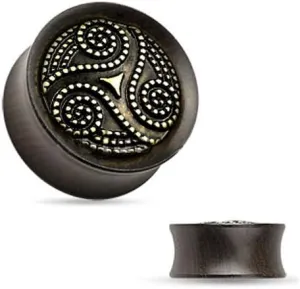 BodyJewelryOnline Organic Ear Plugs - Dotted Tribal Brass Swirl Wood Saddle Fit Ebony Wood Double Flare Plugs