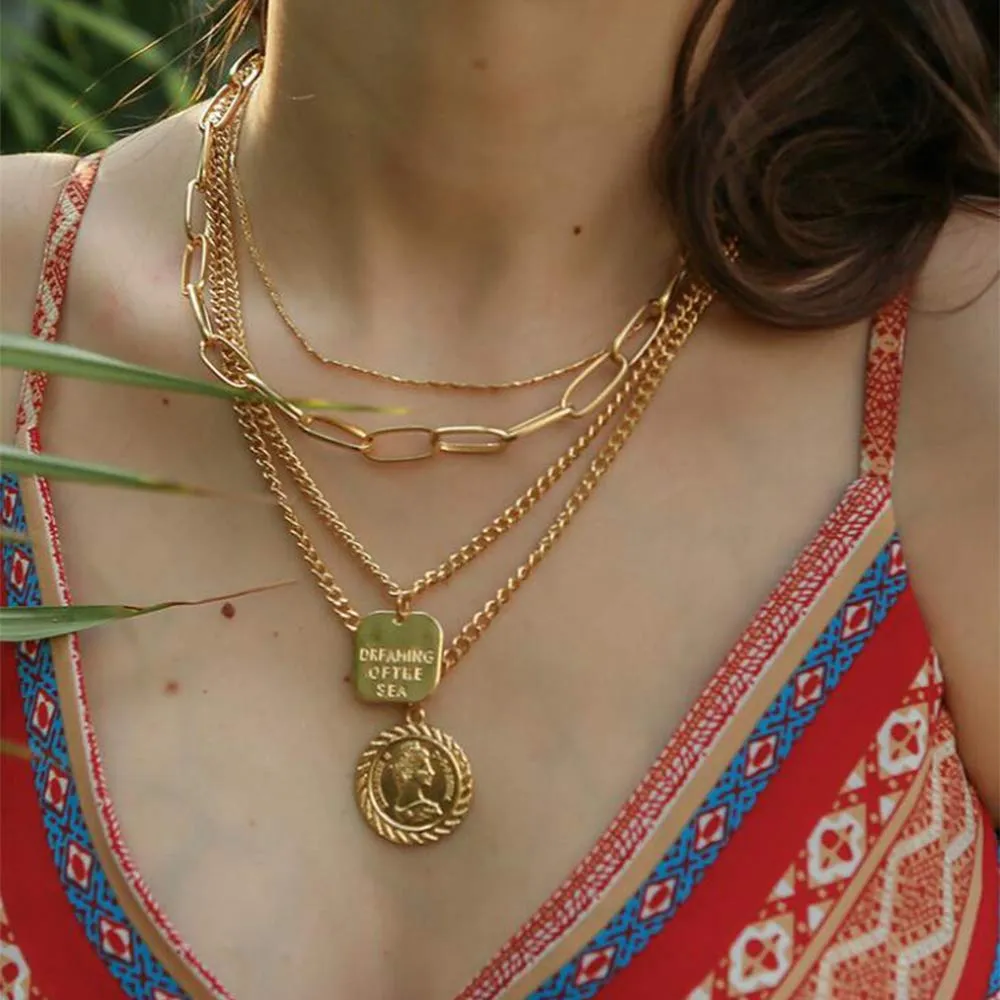 Bohemia Layered Choker Necklace Coin Necklace Gold Medallion Necklace Disc Coin Charm Pendant Necklace Boho Jewelry Multilayer Necklaces for Women and Girls