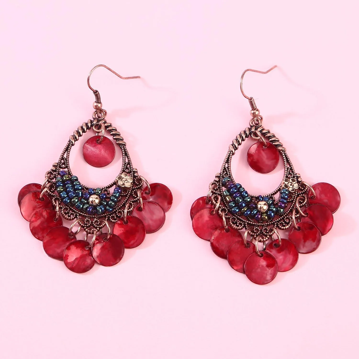 Bohemian Chandelier Dangle Earrings with Disc Charms Drop Lightweight Filigree for Women