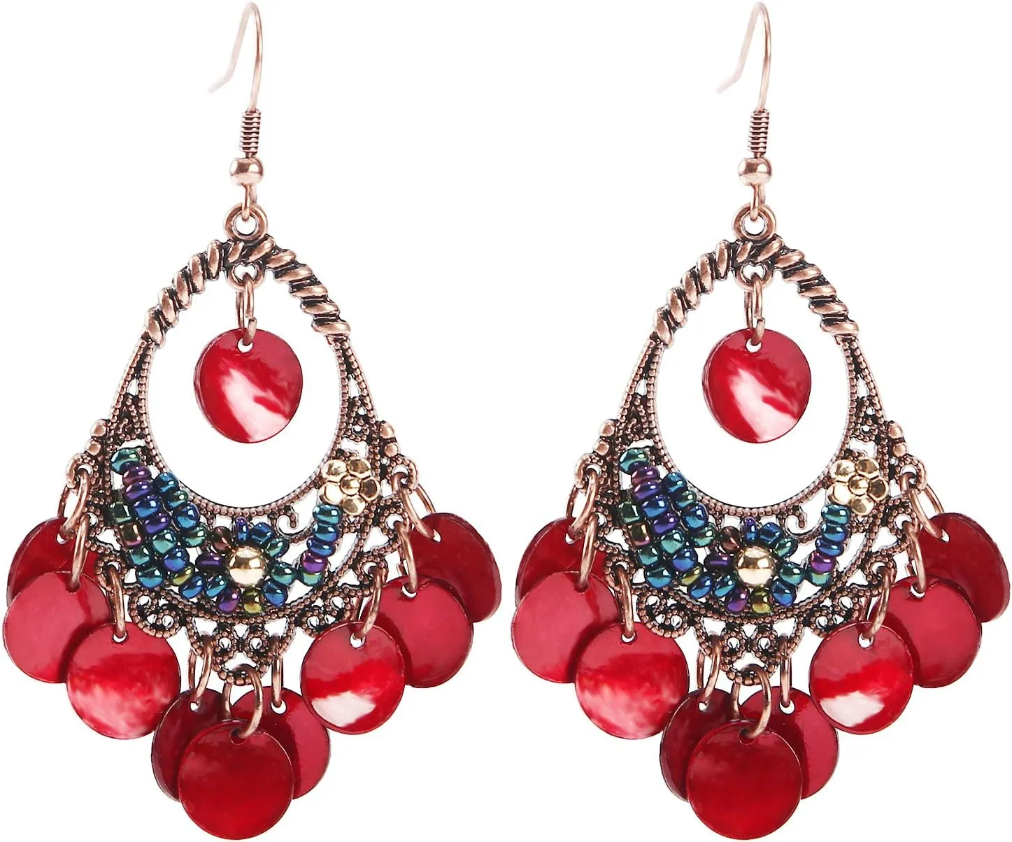 Bohemian Chandelier Dangle Earrings with Disc Charms Drop Lightweight Filigree for Women