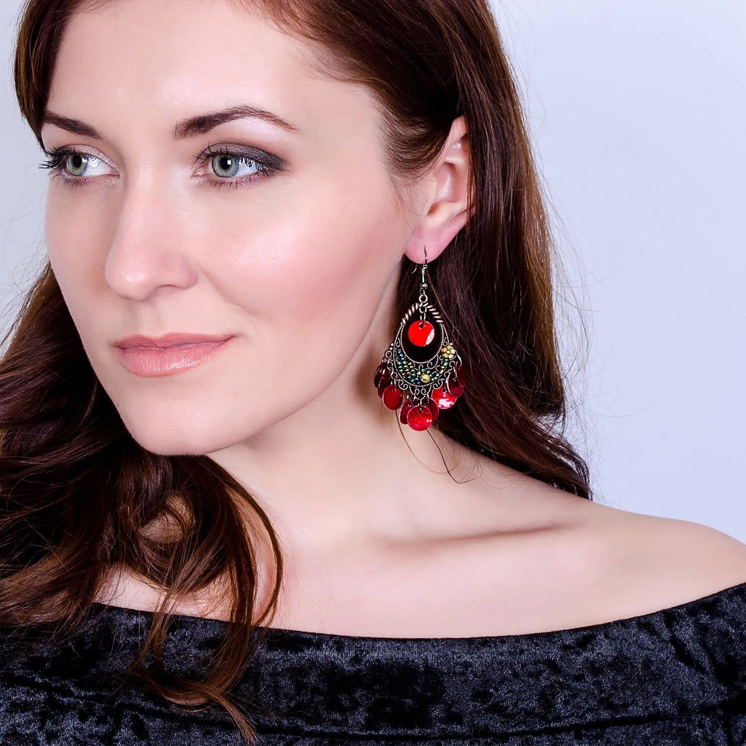 Bohemian Chandelier Dangle Earrings with Disc Charms Drop Lightweight Filigree for Women