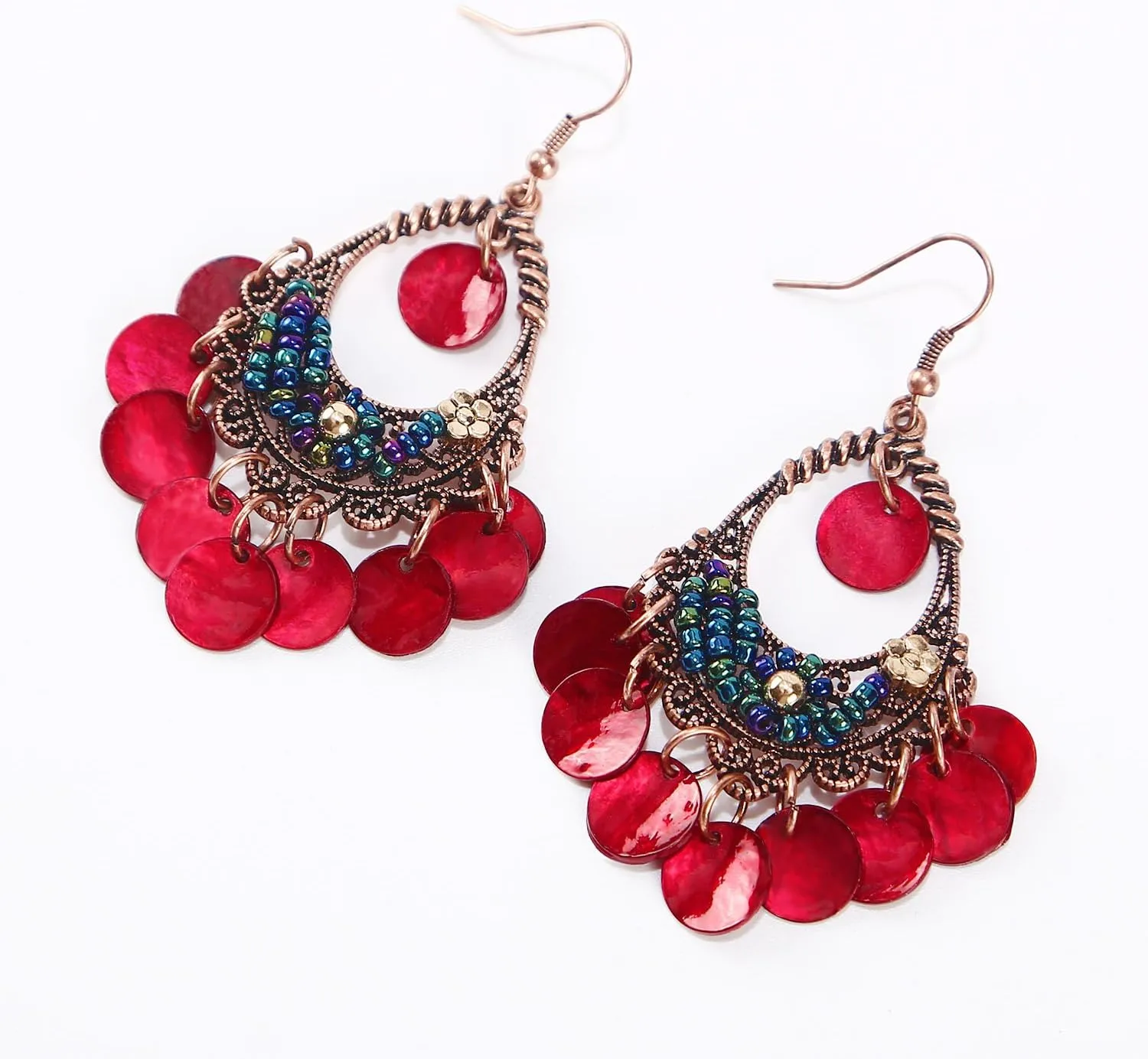 Bohemian Chandelier Dangle Earrings with Disc Charms Drop Lightweight Filigree for Women