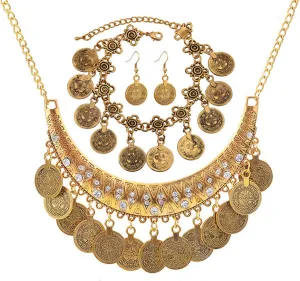 Bohemian Coin Chandelier Bib Necklace Earrings Set Gold Silver Plated Vintage Statement Gypsy Big Disc Coins Tassel Chic Rhinestone Jewelry Set for Women Boho Ethnic Style Festival Party Jewelry Gifts