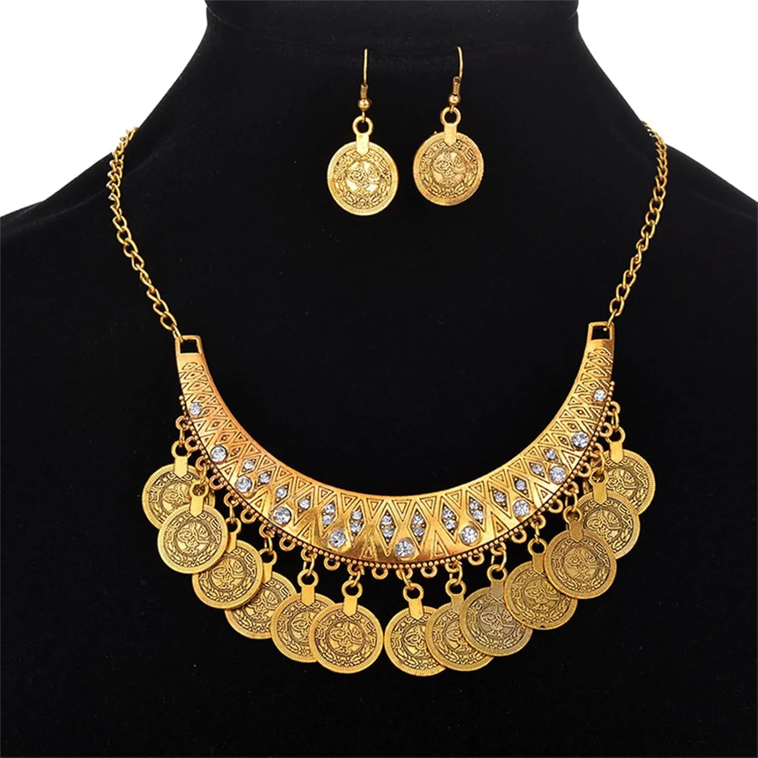 Bohemian Coin Chandelier Bib Necklace Earrings Set Gold Silver Plated Vintage Statement Gypsy Big Disc Coins Tassel Chic Rhinestone Jewelry Set for Women Boho Ethnic Style Festival Party Jewelry Gifts