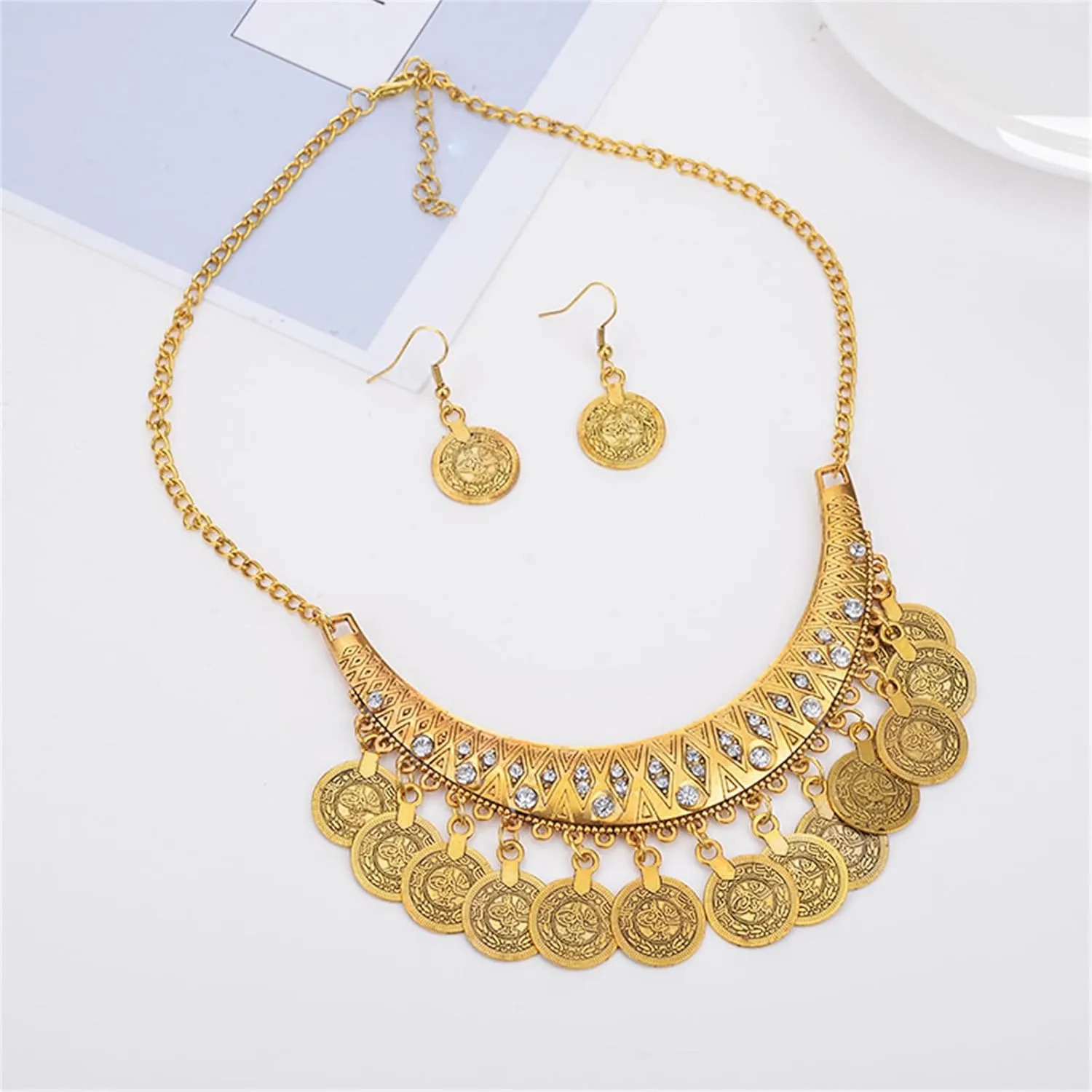 Bohemian Coin Chandelier Bib Necklace Earrings Set Gold Silver Plated Vintage Statement Gypsy Big Disc Coins Tassel Chic Rhinestone Jewelry Set for Women Boho Ethnic Style Festival Party Jewelry Gifts
