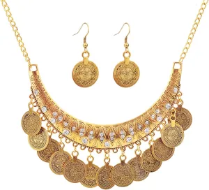 Bohemian Coin Chandelier Bib Necklace Earrings Set Gold Silver Plated Vintage Statement Gypsy Big Disc Coins Tassel Chic Rhinestone Jewelry Set for Women Boho Ethnic Style Festival Party Jewelry Gifts