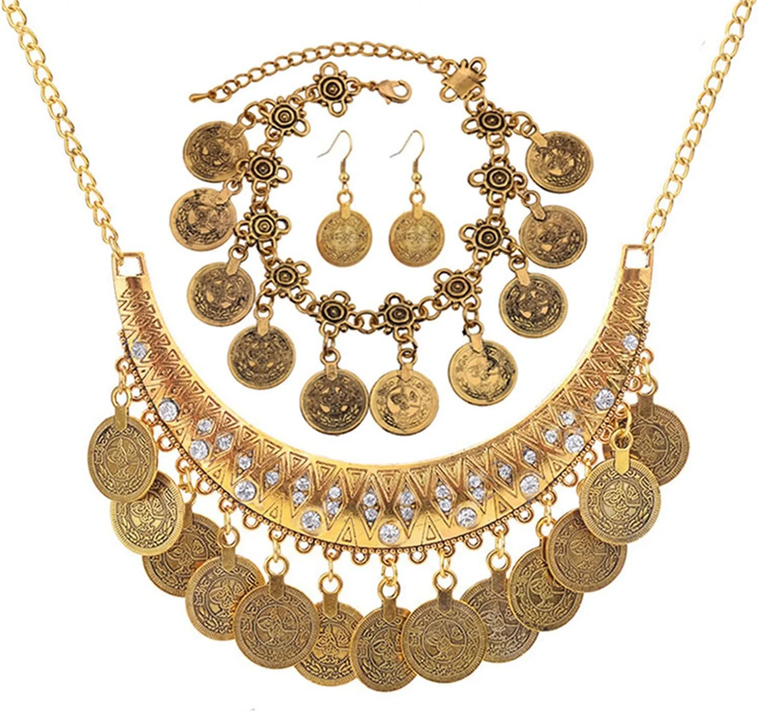 Bohemian Coin Chandelier Bib Necklace Earrings Set Gold Silver Plated Vintage Statement Gypsy Big Disc Coins Tassel Chic Rhinestone Jewelry Set for Women Boho Ethnic Style Festival Party Jewelry Gifts