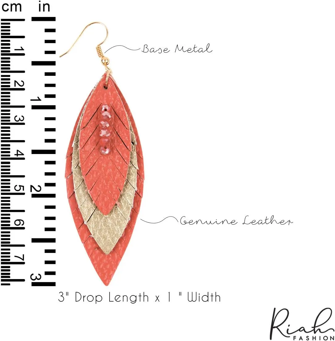 Bohemian Genuine Suede Real Leather Geometric Drop Earrings - Lightweight Hook Dangles Feather, Leaf, Multi Color Fringe, Triple Tassel