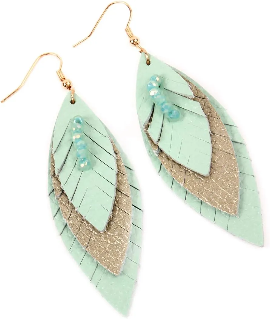 Bohemian Genuine Suede Real Leather Geometric Drop Earrings - Lightweight Hook Dangles Feather, Leaf, Multi Color Fringe, Triple Tassel