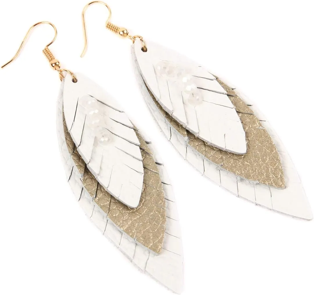 Bohemian Genuine Suede Real Leather Geometric Drop Earrings - Lightweight Hook Dangles Feather, Leaf, Multi Color Fringe, Triple Tassel