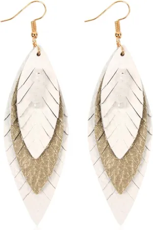 Bohemian Genuine Suede Real Leather Geometric Drop Earrings - Lightweight Hook Dangles Feather, Leaf, Multi Color Fringe, Triple Tassel
