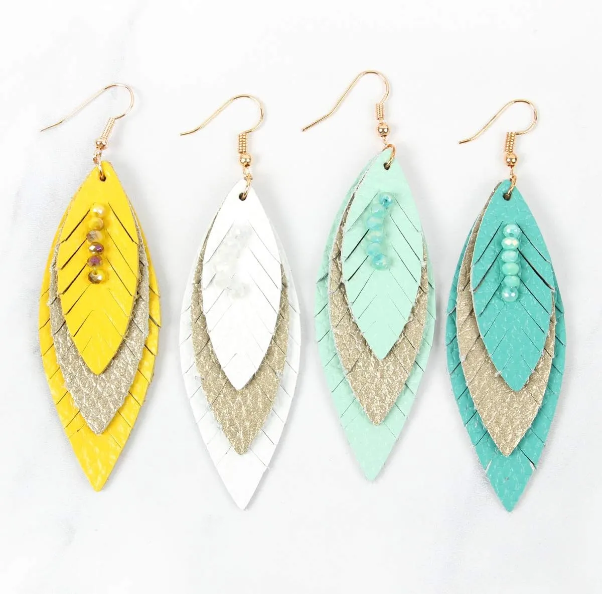 Bohemian Genuine Suede Real Leather Geometric Drop Earrings - Lightweight Hook Dangles Feather, Leaf, Multi Color Fringe, Triple Tassel