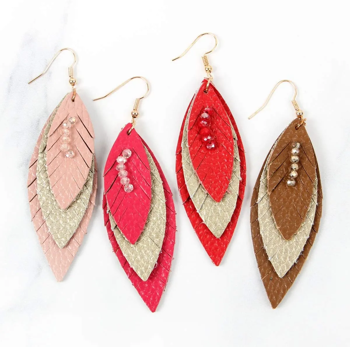 Bohemian Genuine Suede Real Leather Geometric Drop Earrings - Lightweight Hook Dangles Feather, Leaf, Multi Color Fringe, Triple Tassel