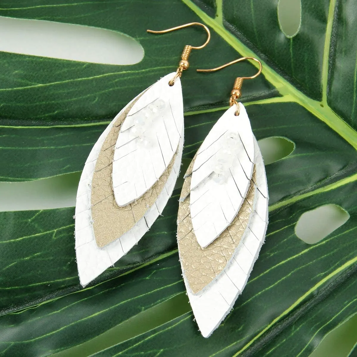 Bohemian Genuine Suede Real Leather Geometric Drop Earrings - Lightweight Hook Dangles Feather, Leaf, Multi Color Fringe, Triple Tassel