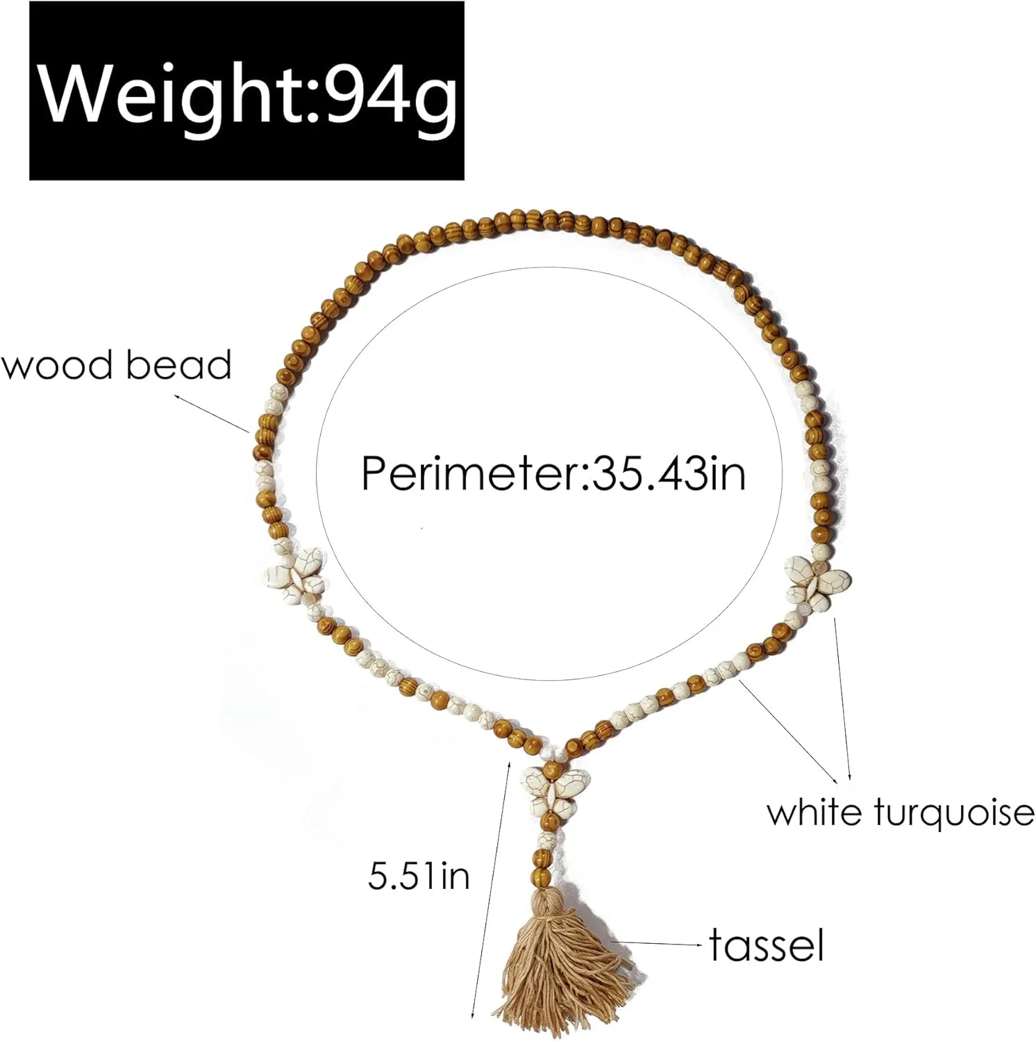 Bohemian Handmade Long Wooden Bead Sweater Chain Tassel Necklaces Vintage Ethnic Style Lightweight Natural Wood Beaded Star Butterfly Heart Peace Turquoise Pendant Necklace for Women Girls Jewelry