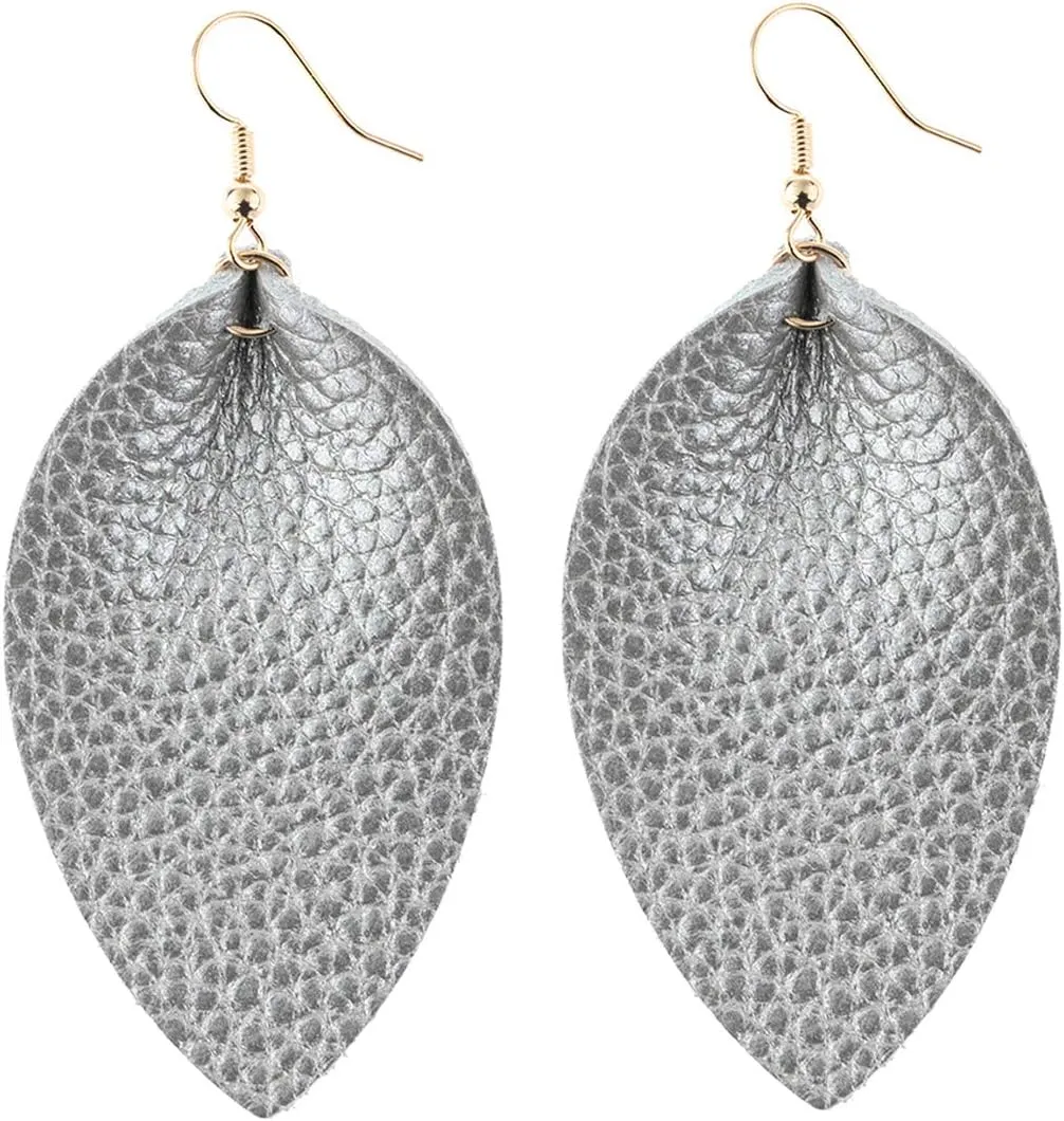 Bohemian Lightweight Genuine Real Leather Geometric Drop Statement Earrings - Petal Leaf Feather, Teardrop Dangles