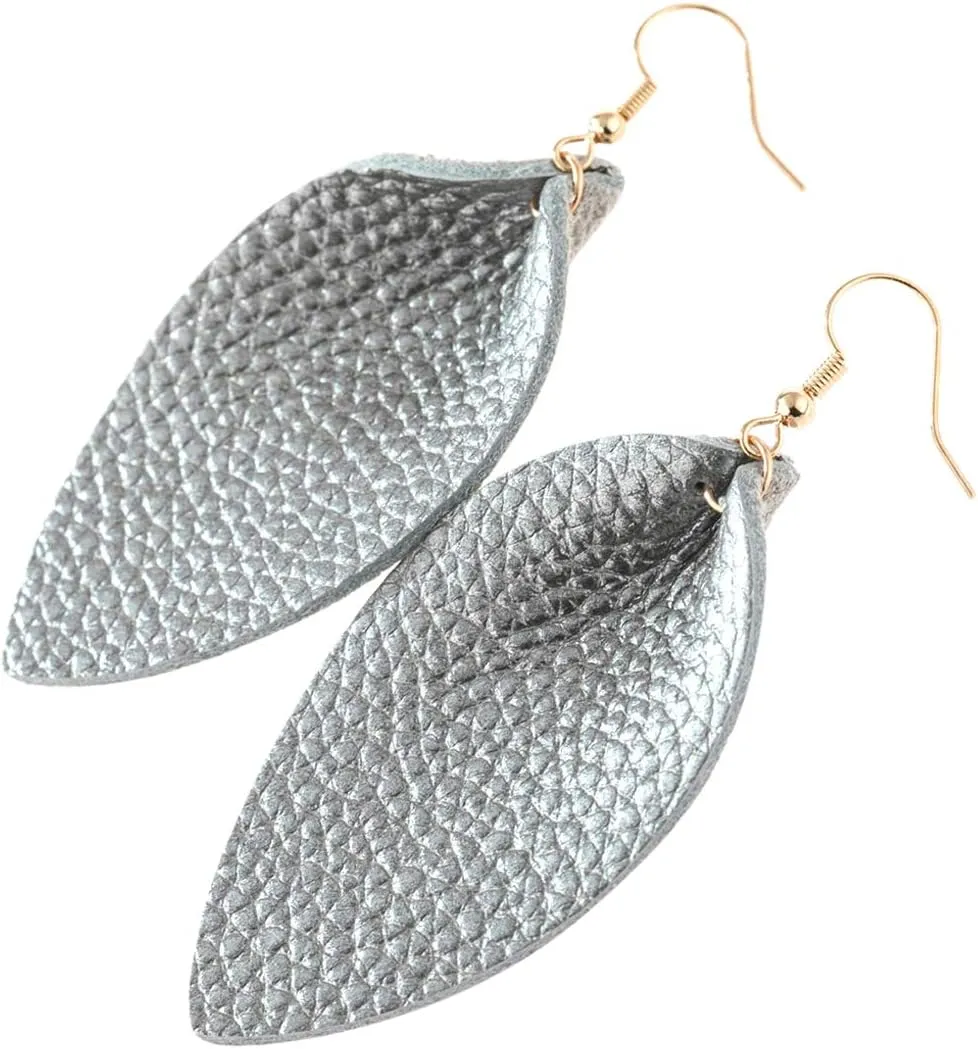 Bohemian Lightweight Genuine Real Leather Geometric Drop Statement Earrings - Petal Leaf Feather, Teardrop Dangles