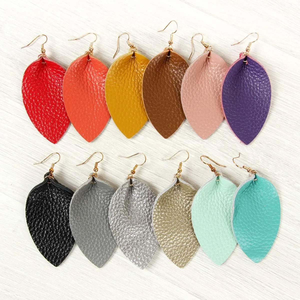 Bohemian Lightweight Genuine Real Leather Geometric Drop Statement Earrings - Petal Leaf Feather, Teardrop Dangles