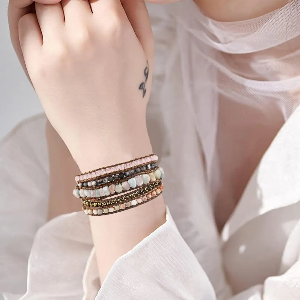 Boho Jewelry Bracelets for Women Men,Handmade Bohemian Natural Stone Beaded Leather Wrap Bracelets for Women Trendy,Healing Multilayer Western Beads Bracelet Jewelry Collection Gift