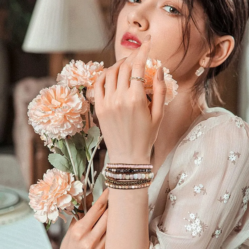 Boho Jewelry Bracelets for Women Men,Handmade Bohemian Natural Stone Beaded Leather Wrap Bracelets for Women Trendy,Healing Multilayer Western Beads Bracelet Jewelry Collection Gift