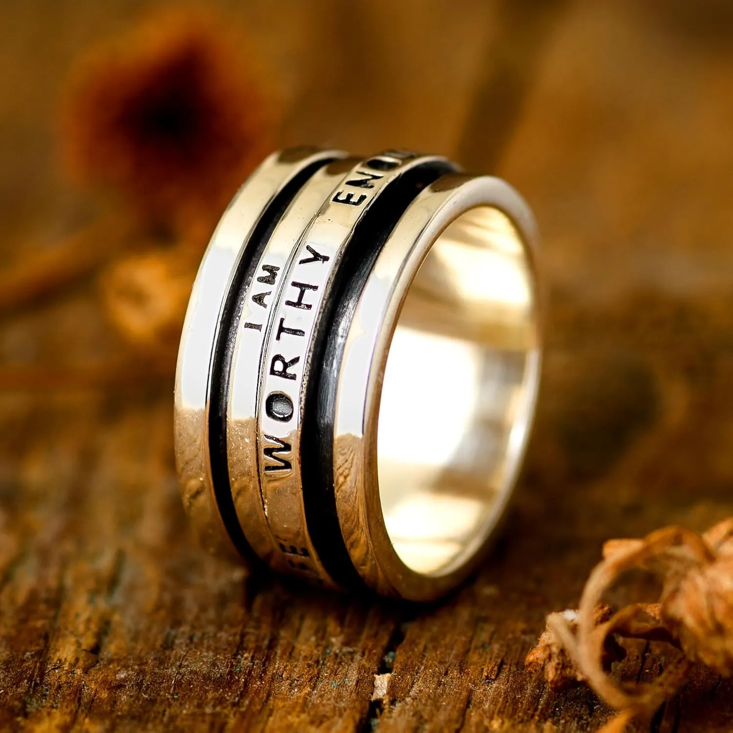 Boho-Magic 925 Sterling Silver Spinner Fidget Ring for Women I Am Powerful, Worthy, Enough, Loved