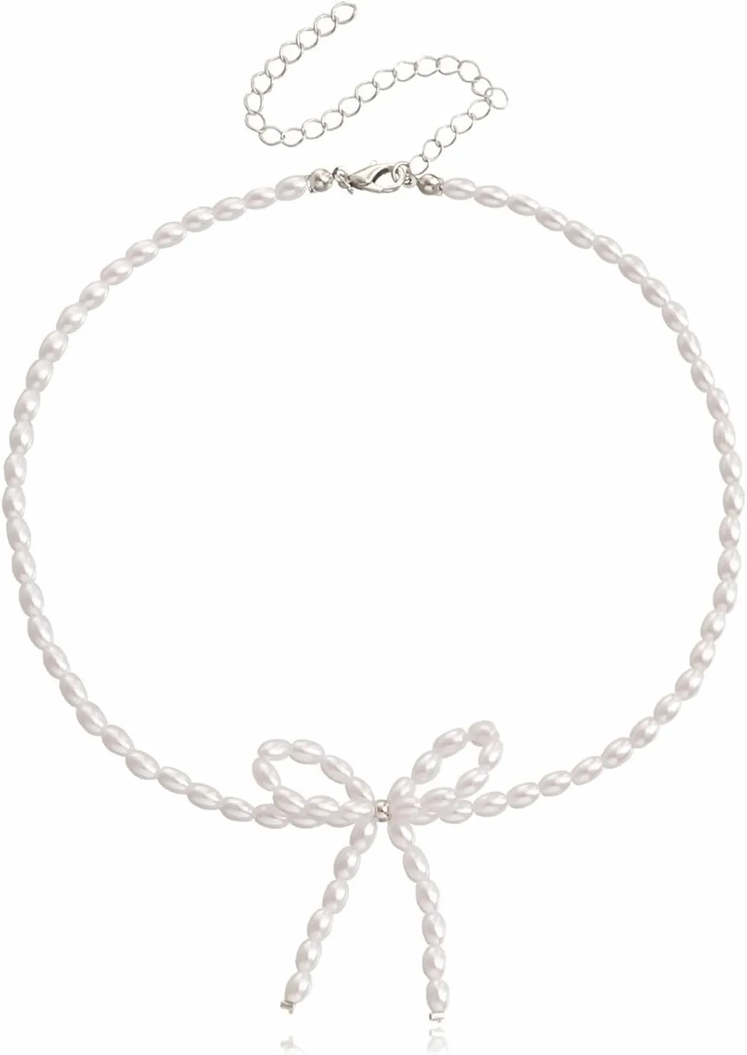 Boho Pearl Bow Choker Necklace Gold Silver Plated Vintage Round Bowknot Ribbon Bow Tie Pearl Beaded Chic Crystal Chain Necklace for Women Wedding Birthday Christmas Party Trendy Jewelry Gifts