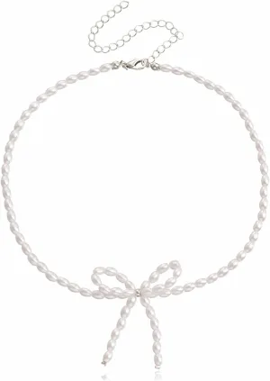 Boho Pearl Bow Choker Necklace Gold Silver Plated Vintage Round Bowknot Ribbon Bow Tie Pearl Beaded Chic Crystal Chain Necklace for Women Wedding Birthday Christmas Party Trendy Jewelry Gifts