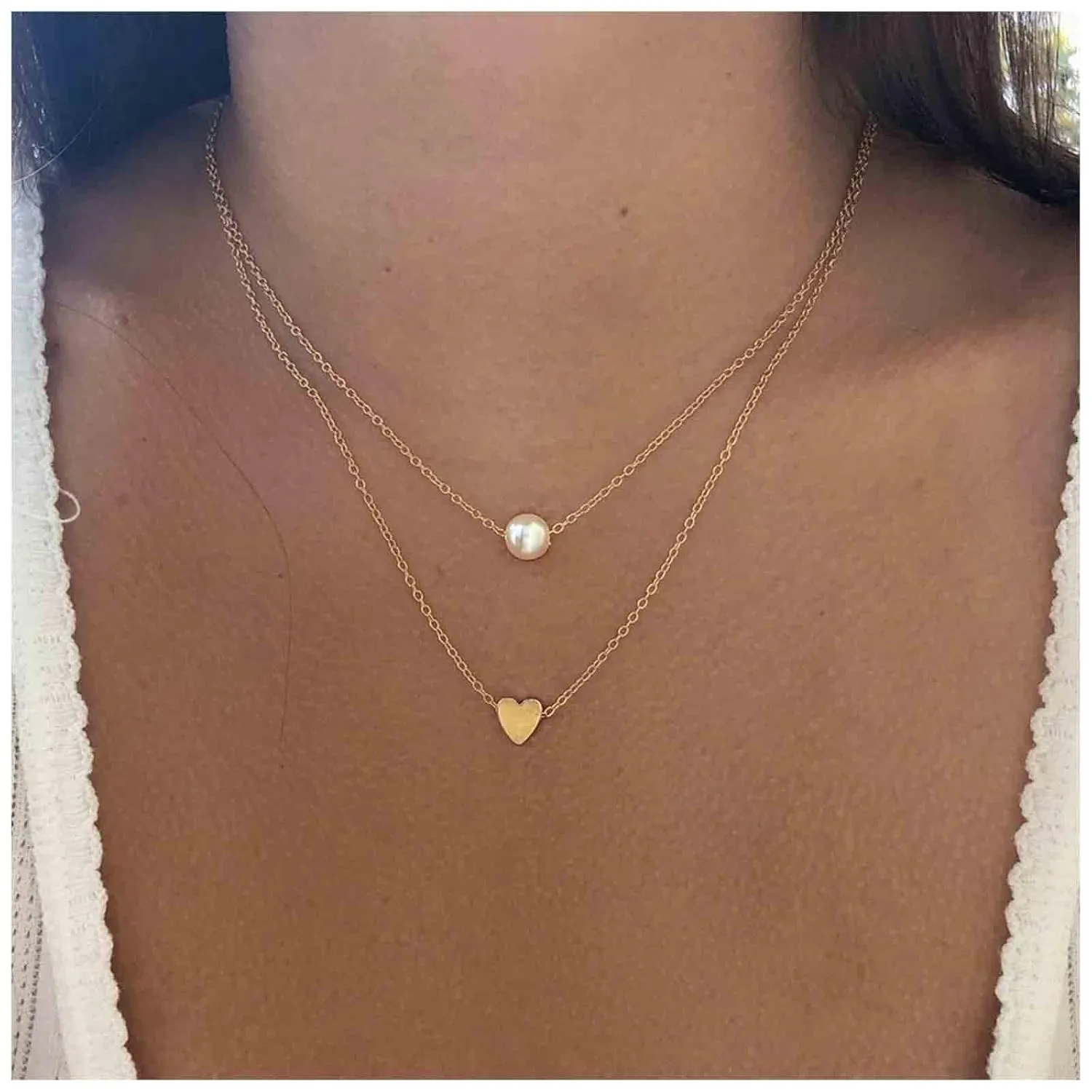 Boho Pearl Heart Choker Necklace Vintage Layered Pearl Choker Necklace Gold Love Heart Pendant Necklace Personlized Necklace Chain Jewelry