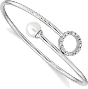 Bonyak Jewelry Sterling Silver Rh-pl Imitation Shell Pearl & CZ Flexible Bangle Delicate
